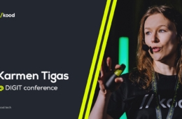Karmen Tigas of //kood speaking on stage – text “Karmen Tigas @ DIGIT conference”